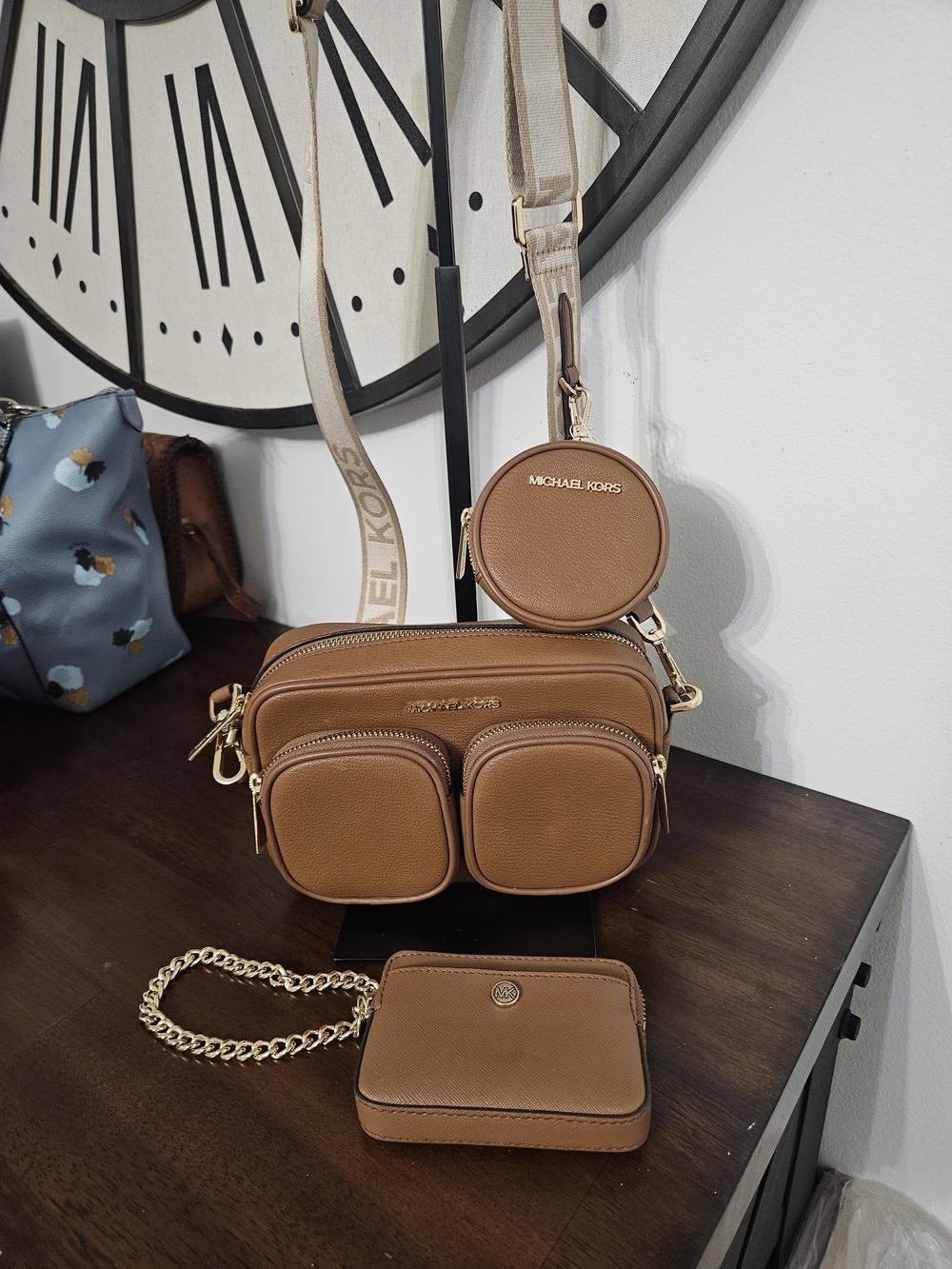 Michael Kors Brown Pebble Leather Crossbody Bag with Coin Pouch And Wristlet.
